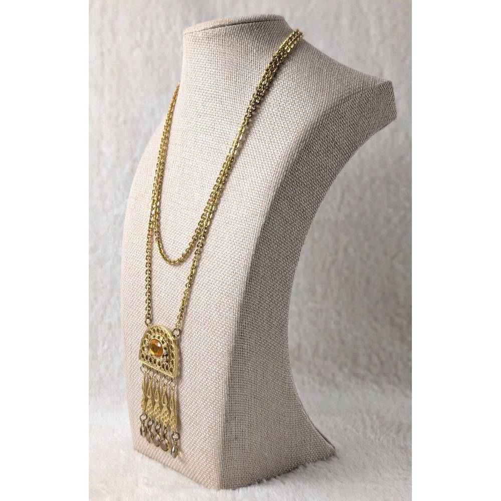 EXPRESS‎ Gold Tone Fringe Pendant Necklace Amber Glass Boho Statement